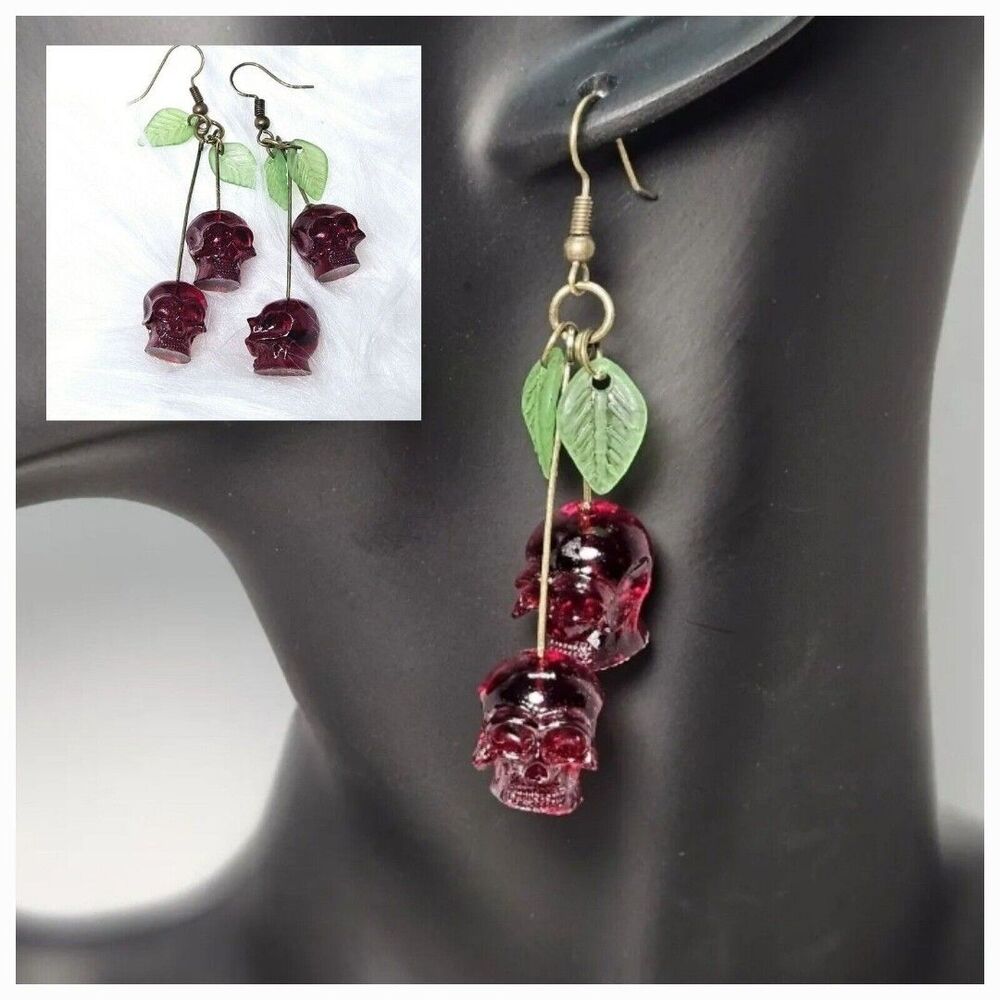 Cherry Cherries Skulls Dangle Drop Earrings Halloween Red Blood Polyresin Dead